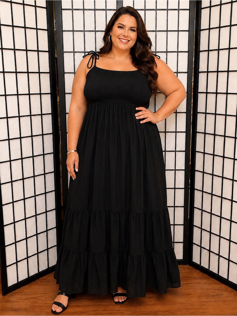 Black Smocked Tie Strap‎ Maxi Dress 2XL Boho Flowy Tiered Dress NWT